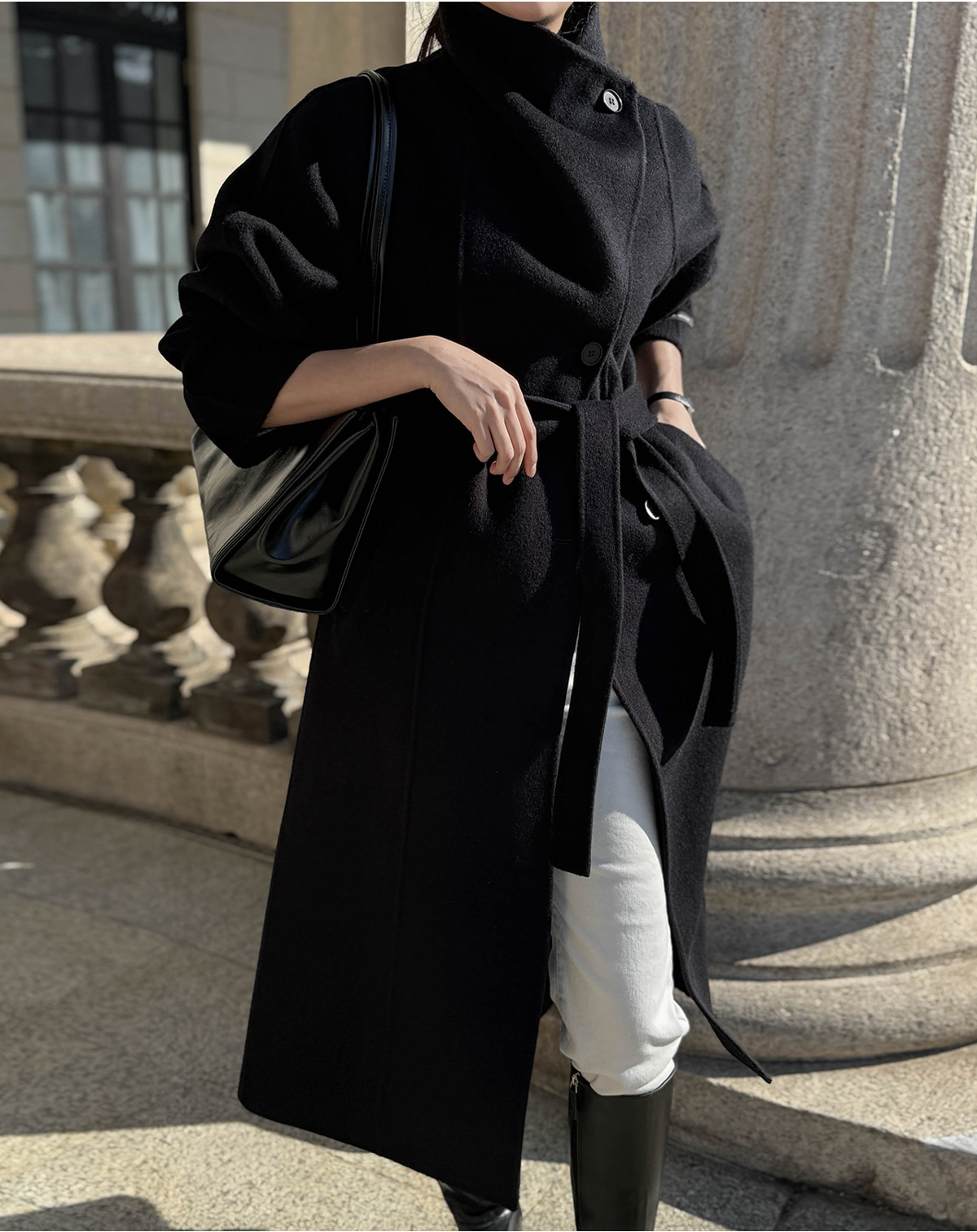 ベルト付ソフトウールボタンカラーハイネックポケット長袖コート