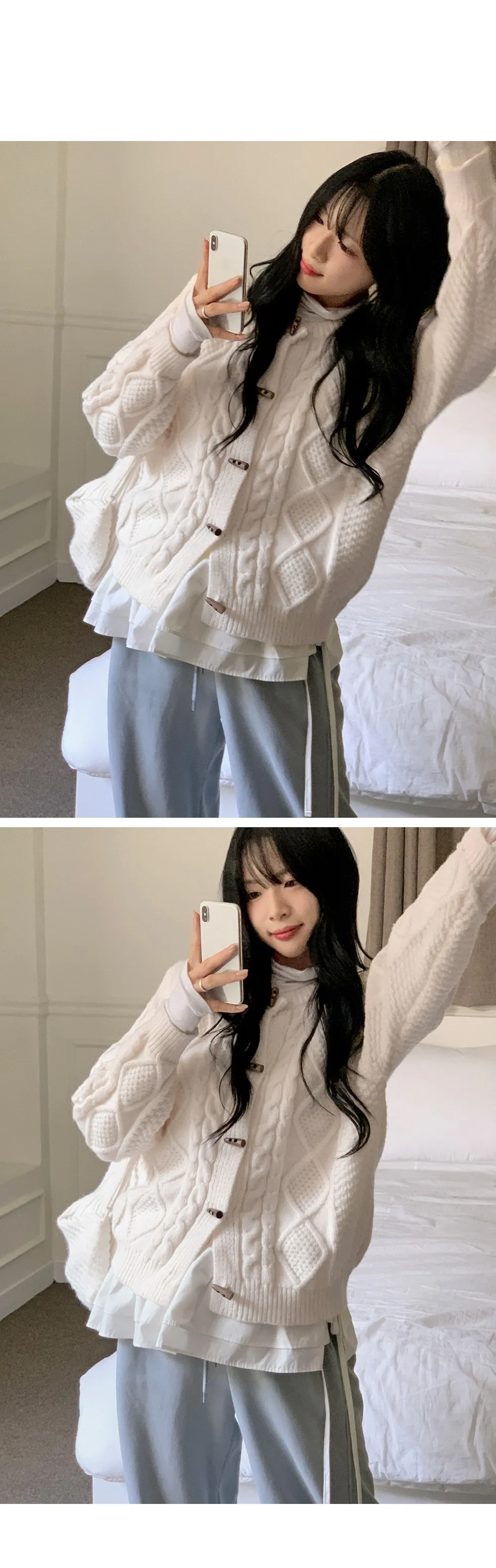 에잇팅 케이블 라운드넥 토글 니트가디건