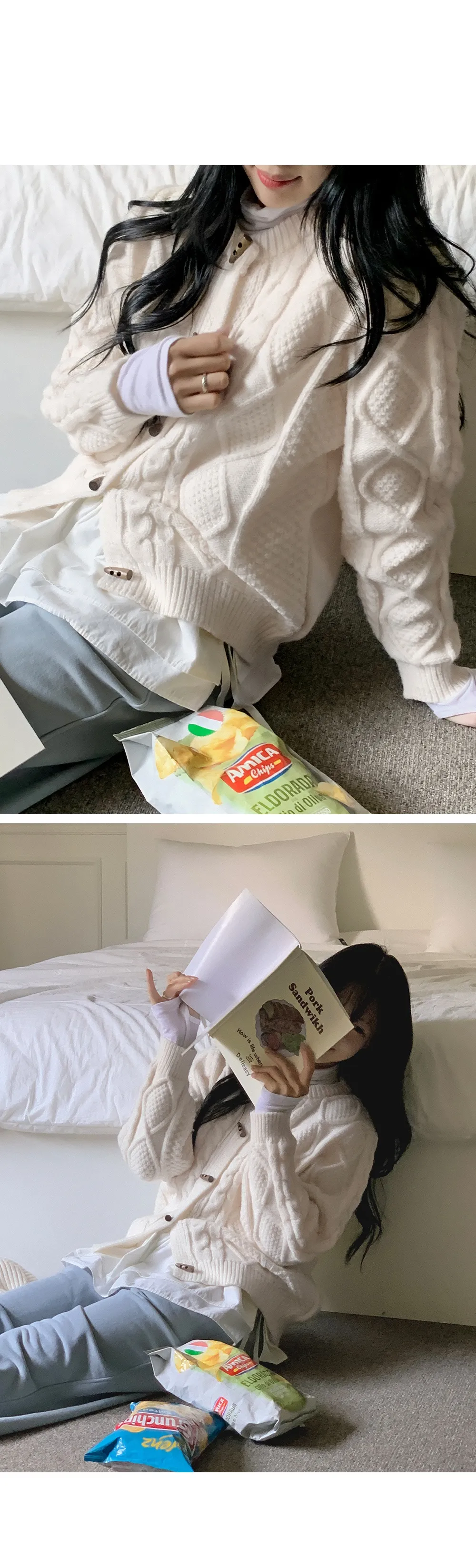 에잇팅 케이블 라운드넥 토글 니트가디건