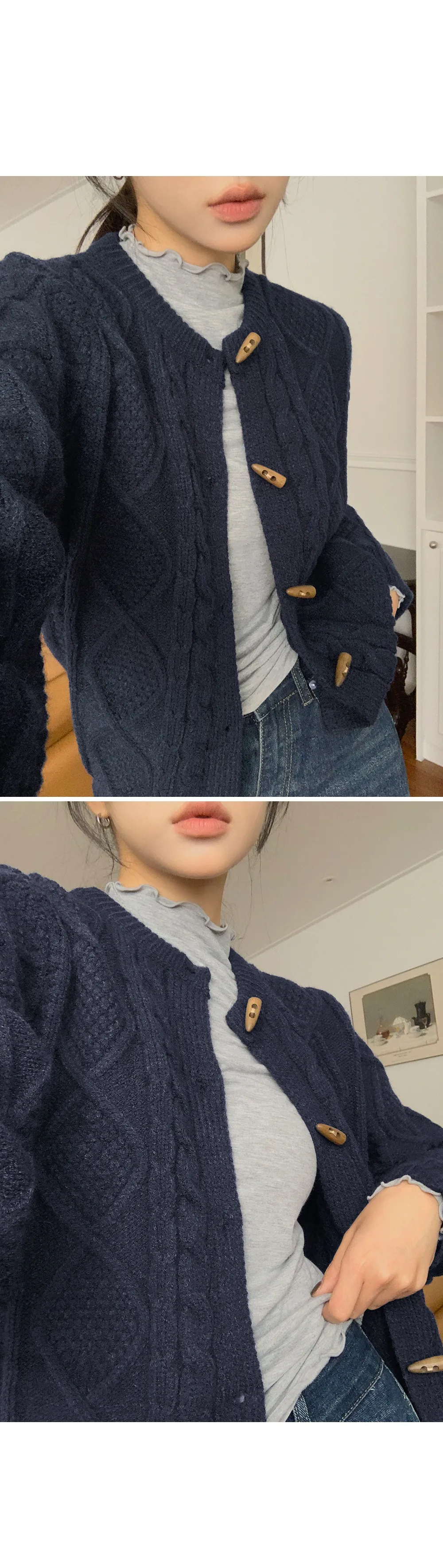 에잇팅 케이블 라운드넥 토글 니트가디건