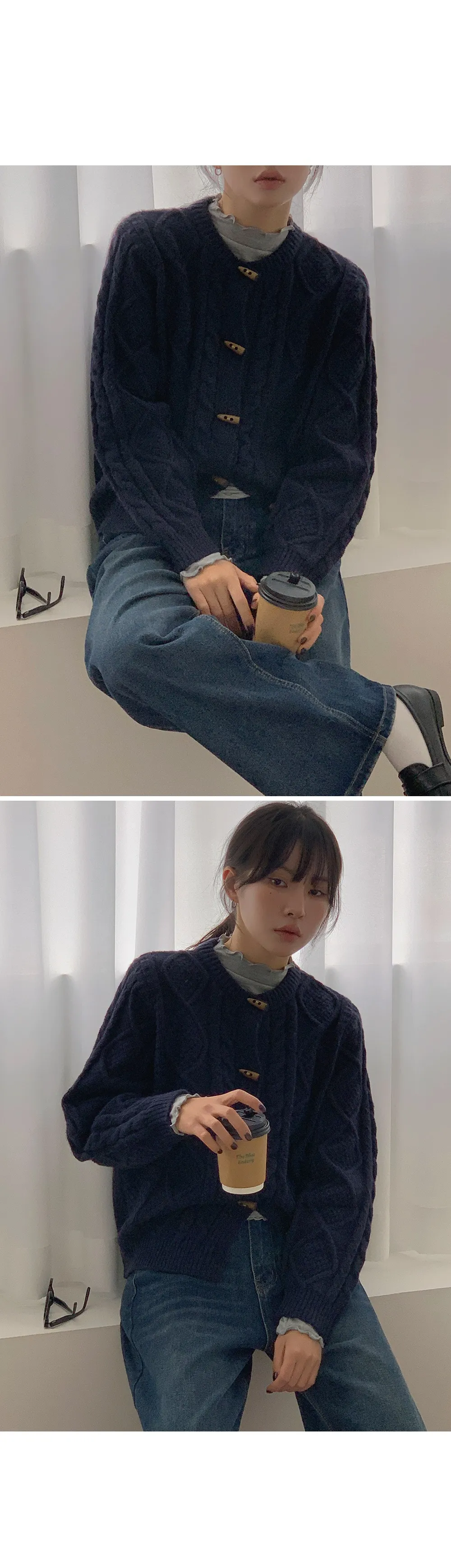 에잇팅 케이블 라운드넥 토글 니트가디건