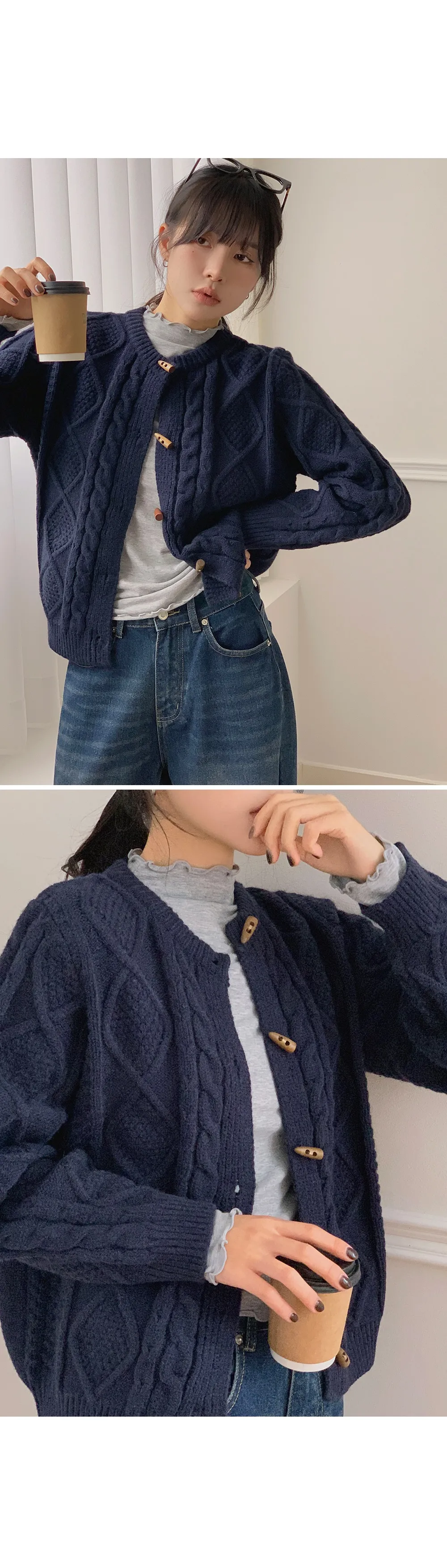 에잇팅 케이블 라운드넥 토글 니트가디건