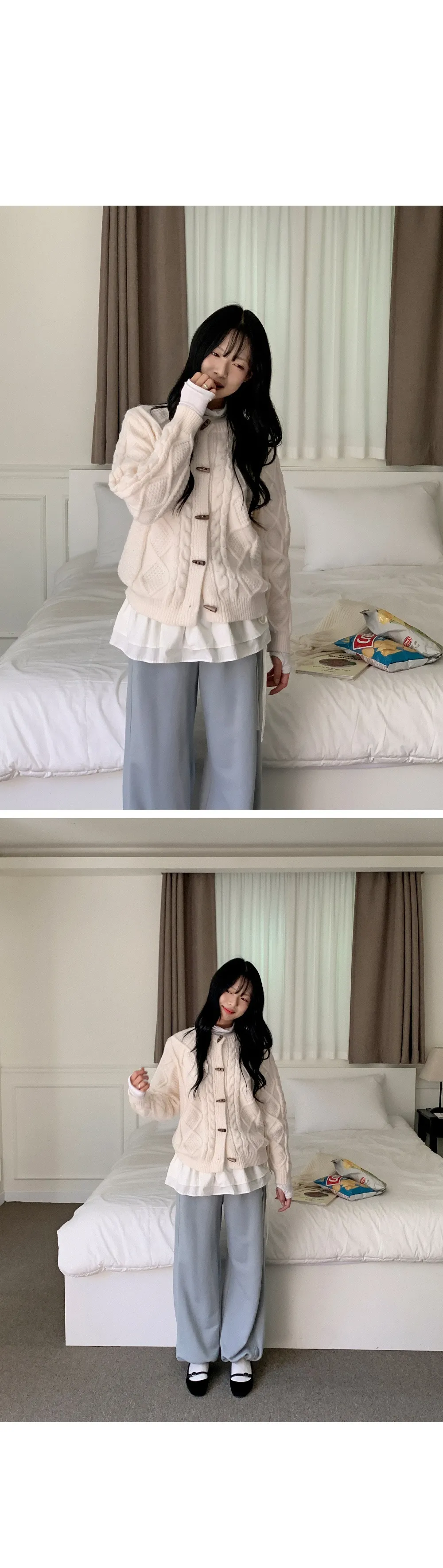 에잇팅 케이블 라운드넥 토글 니트가디건