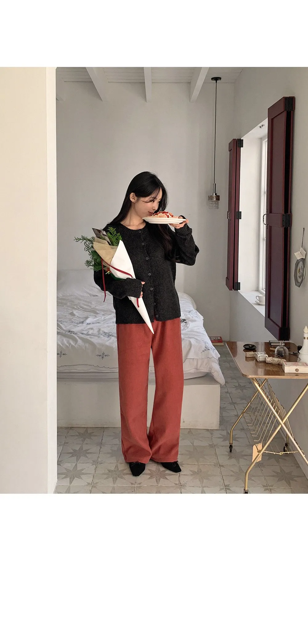 로이젤 코듀로이 기모 밴딩 와이드팬츠