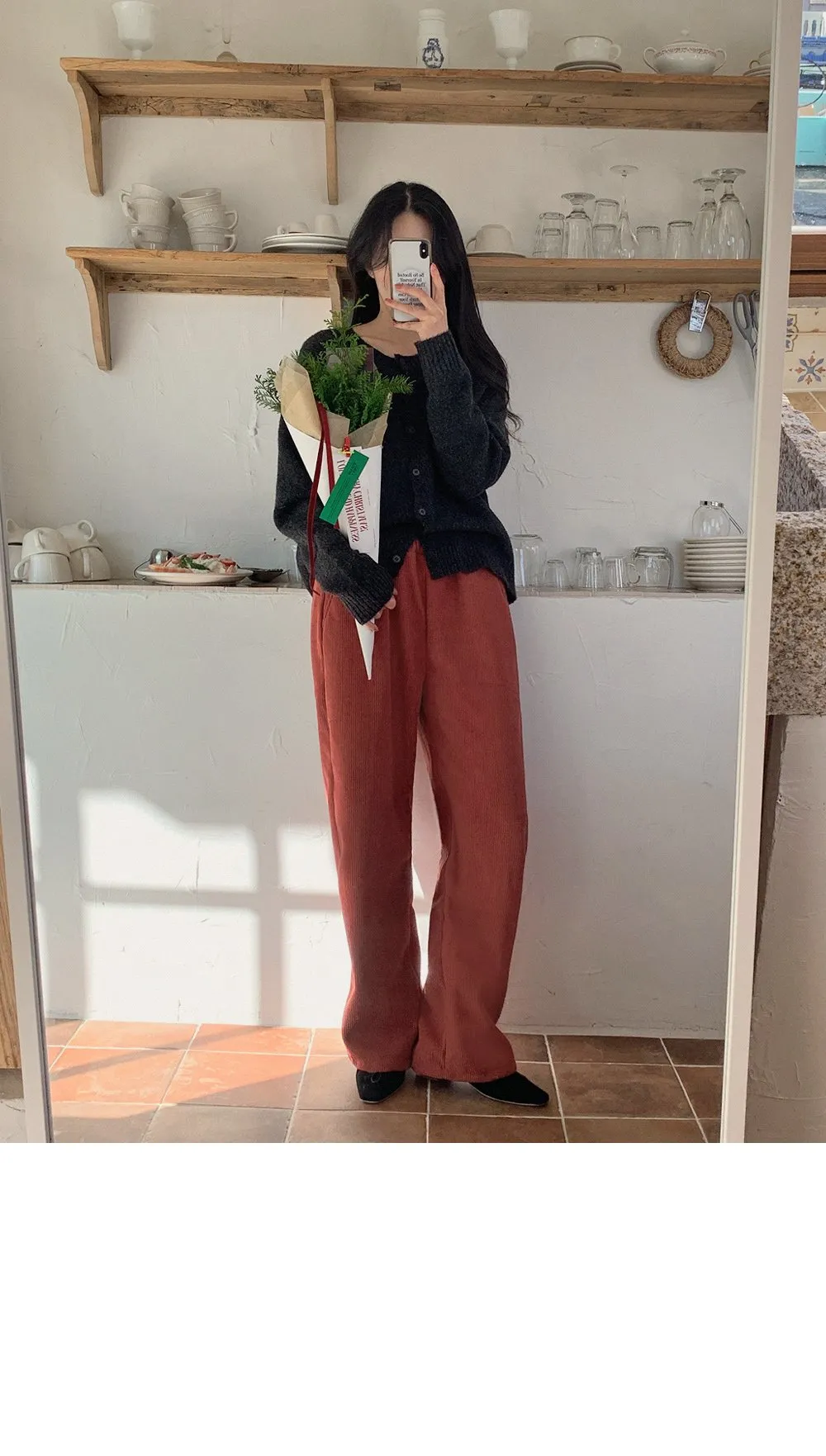 로이젤 코듀로이 기모 밴딩 와이드팬츠