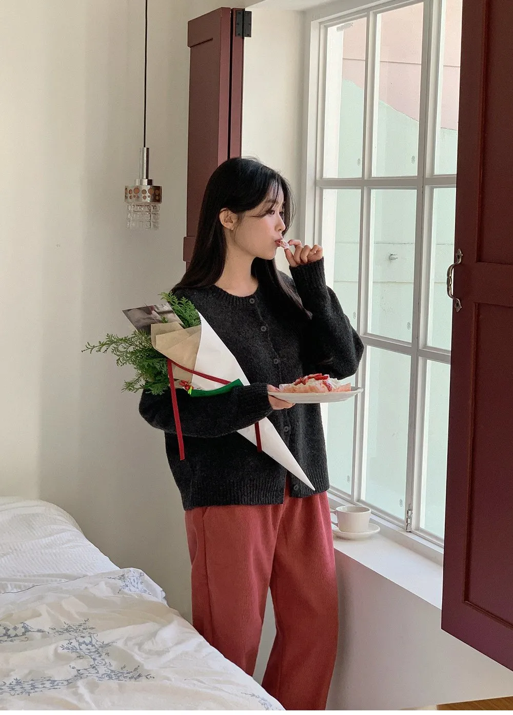 로이젤 코듀로이 기모 밴딩 와이드팬츠