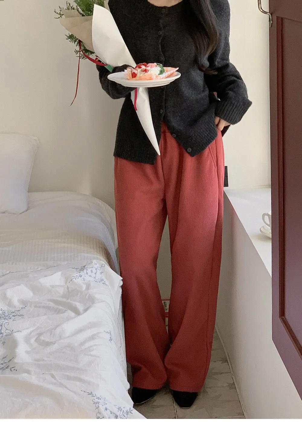 로이젤 코듀로이 기모 밴딩 와이드팬츠