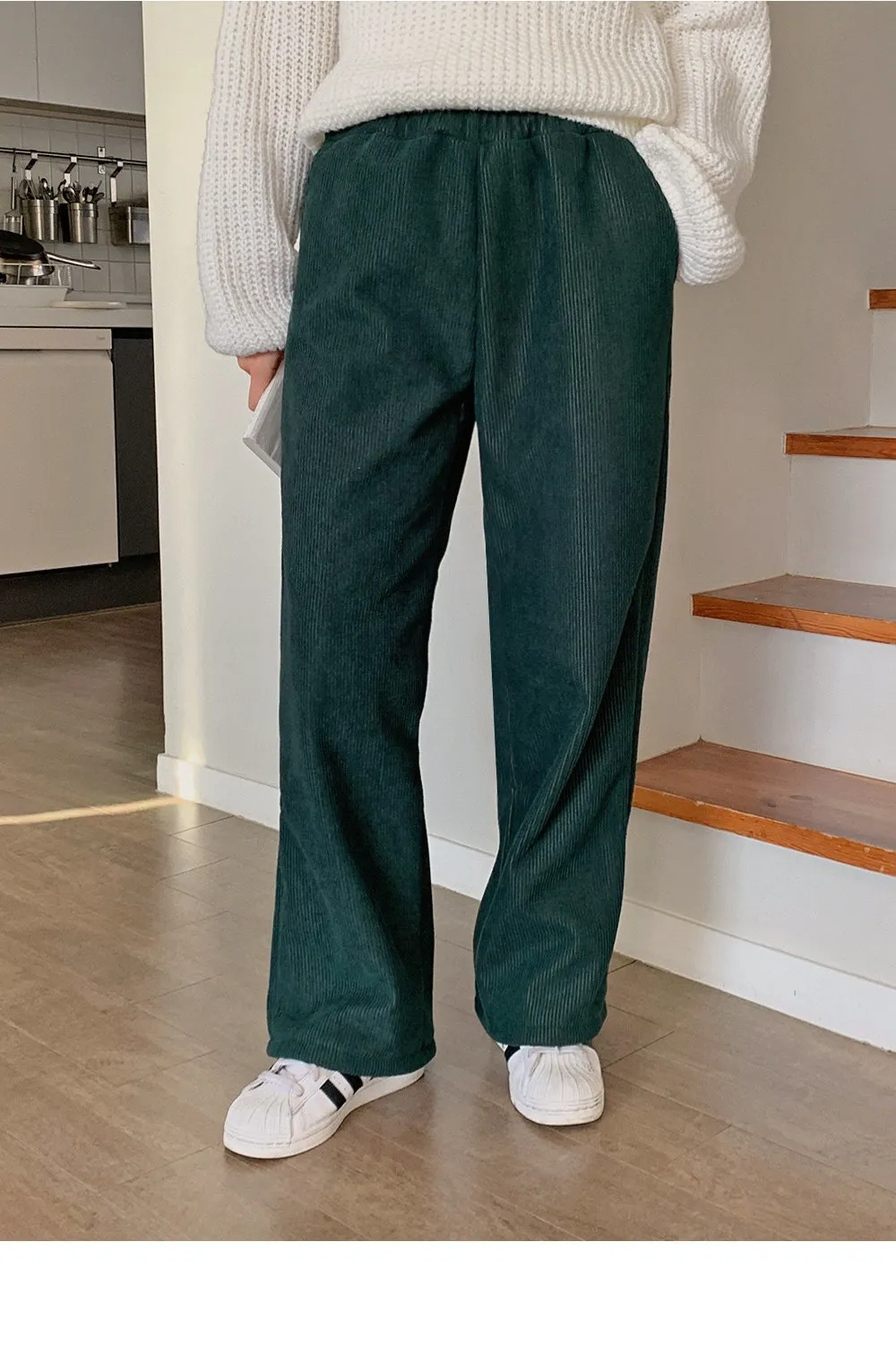 로이젤 코듀로이 기모 밴딩 와이드팬츠