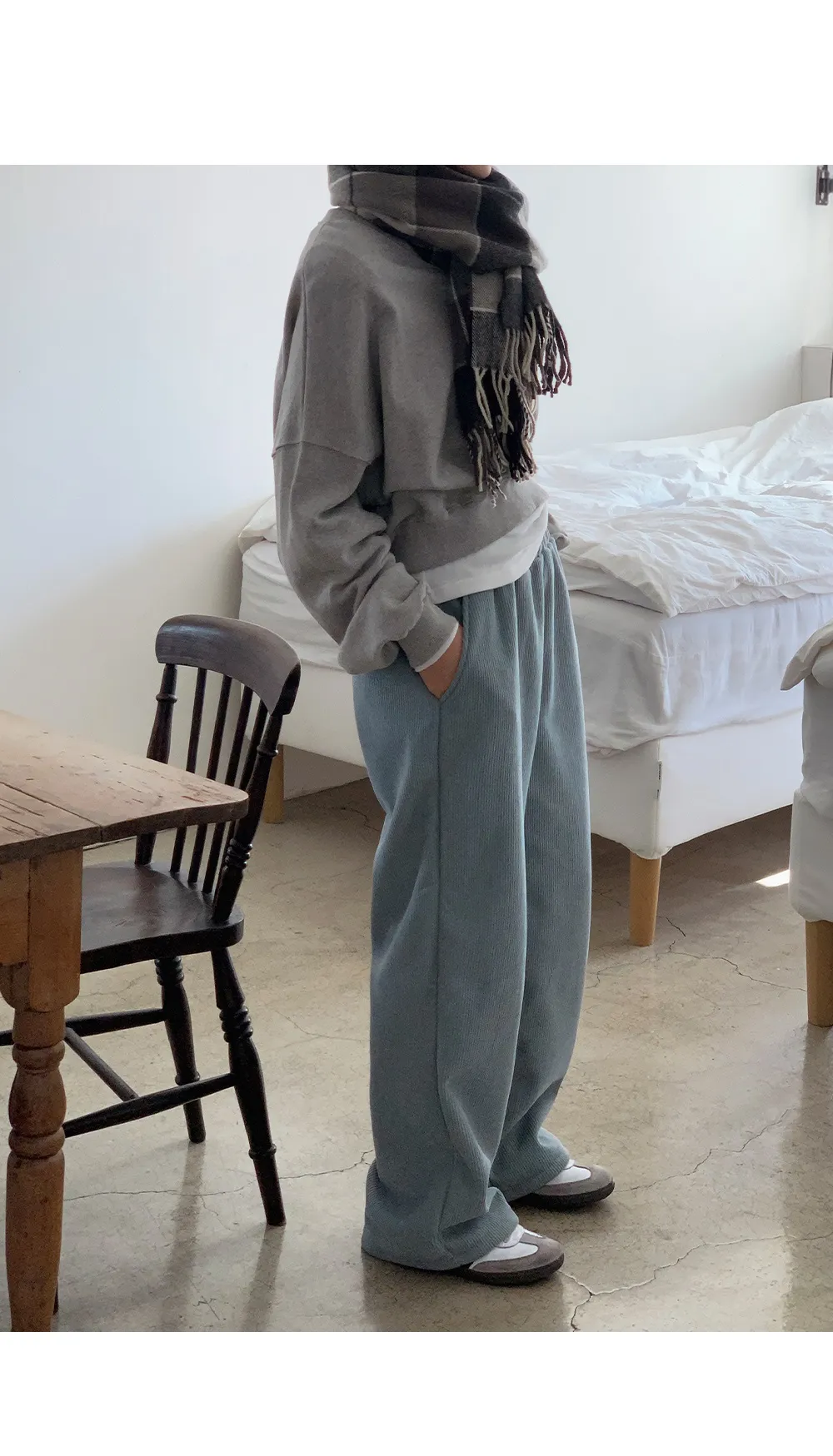 로이젤 코듀로이 기모 밴딩 와이드팬츠