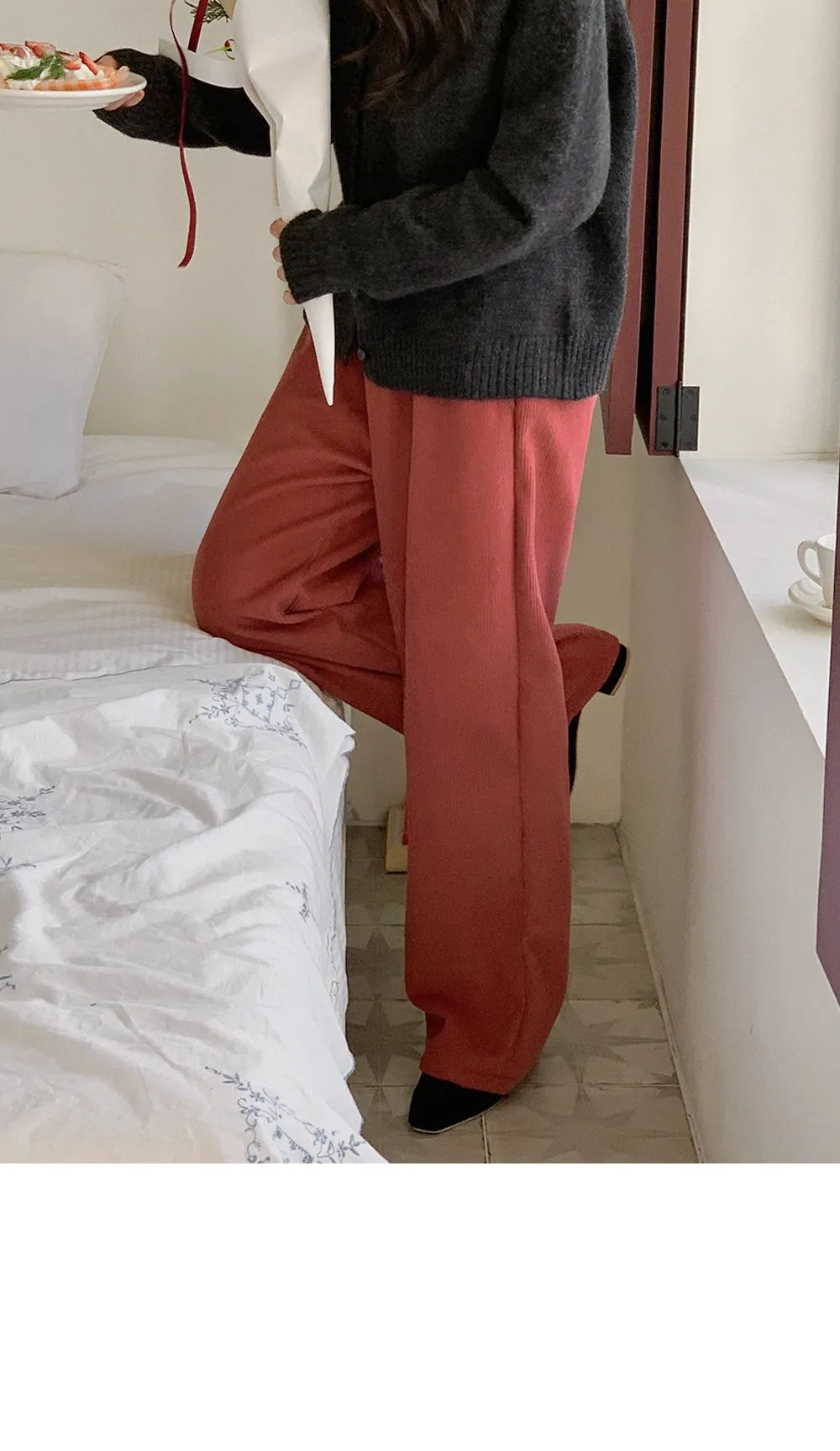 로이젤 코듀로이 기모 밴딩 와이드팬츠