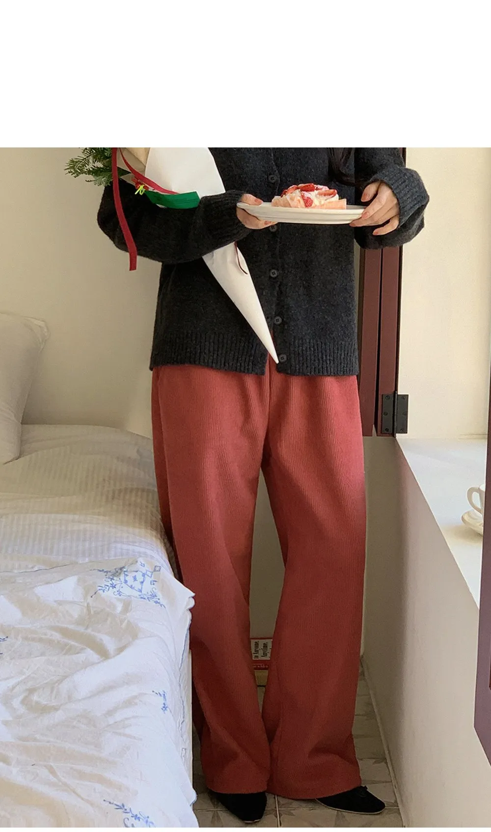 로이젤 코듀로이 기모 밴딩 와이드팬츠