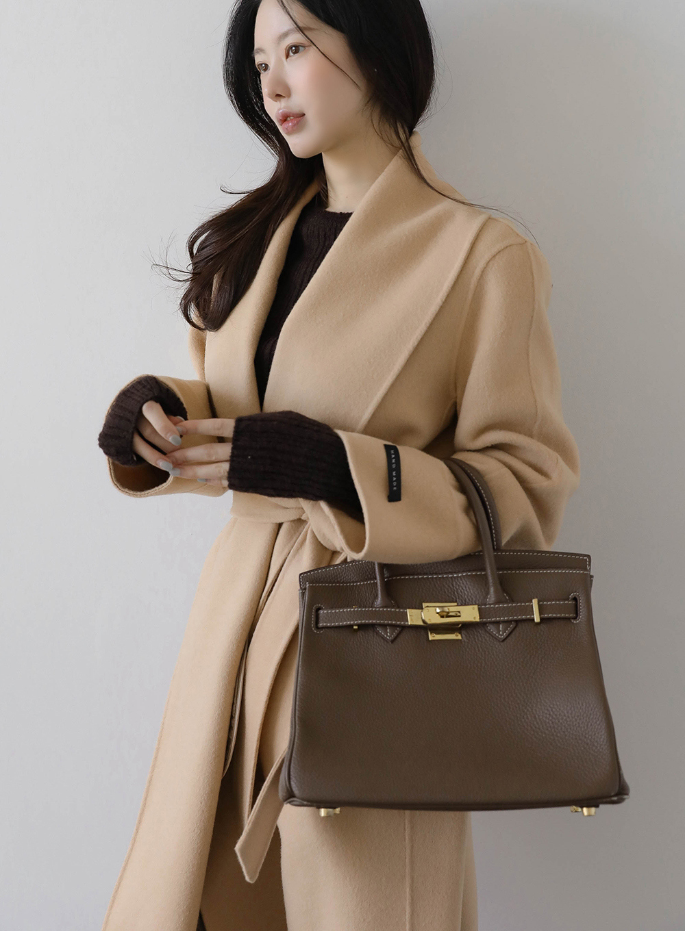 ストラップ付ウール混ショールカラーロングコート | レディース