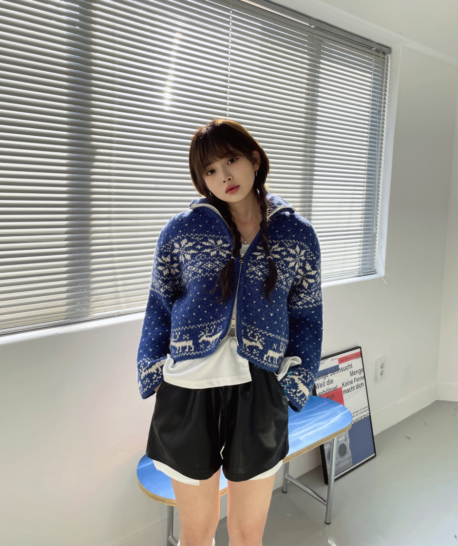 ダブルジップハイネッククロップドノルディックカラーカーディガン