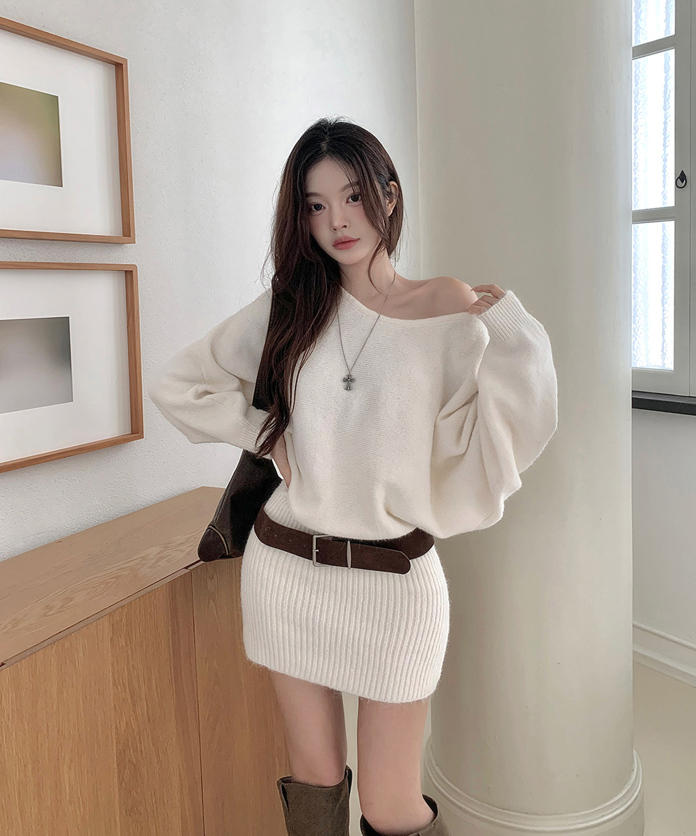 ベルト付ニットオフショルダーワンショルダー長袖ミニワンピース