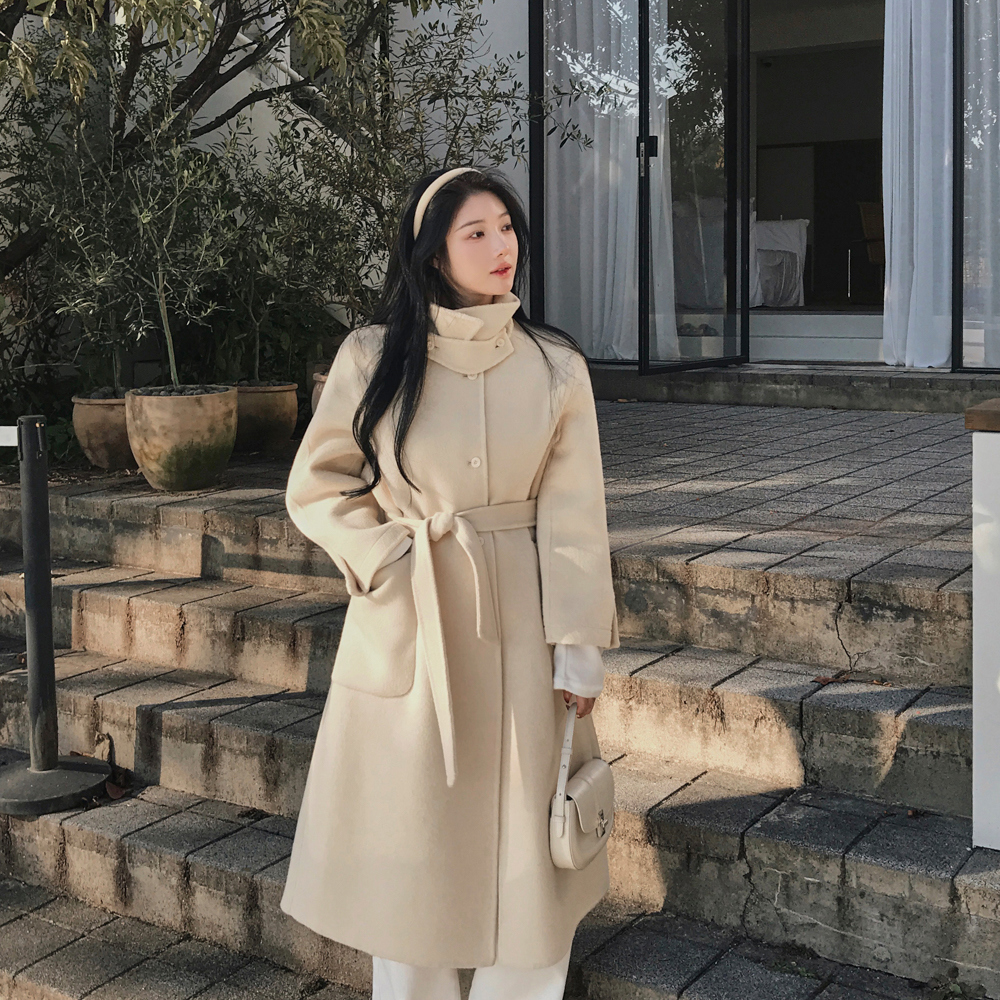 ウールカラーハイネックロングボタンポケットカラーコート