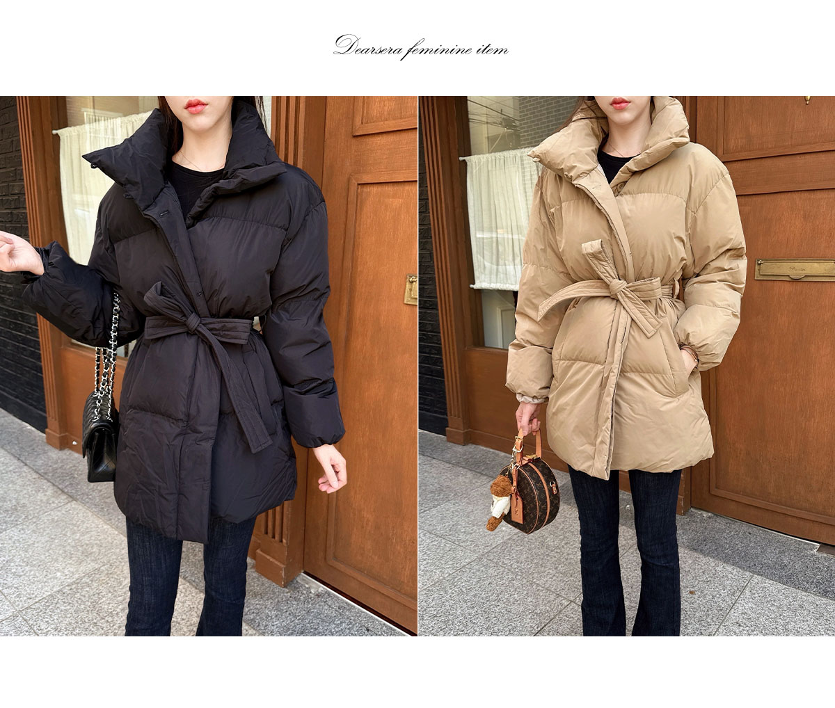 ダウン＆フェザー腰丈ベージュM〜L定価17.000円30分着用のみ ベルト付ウェルロンハイネックジップアップ長袖オーバーサイズポケット