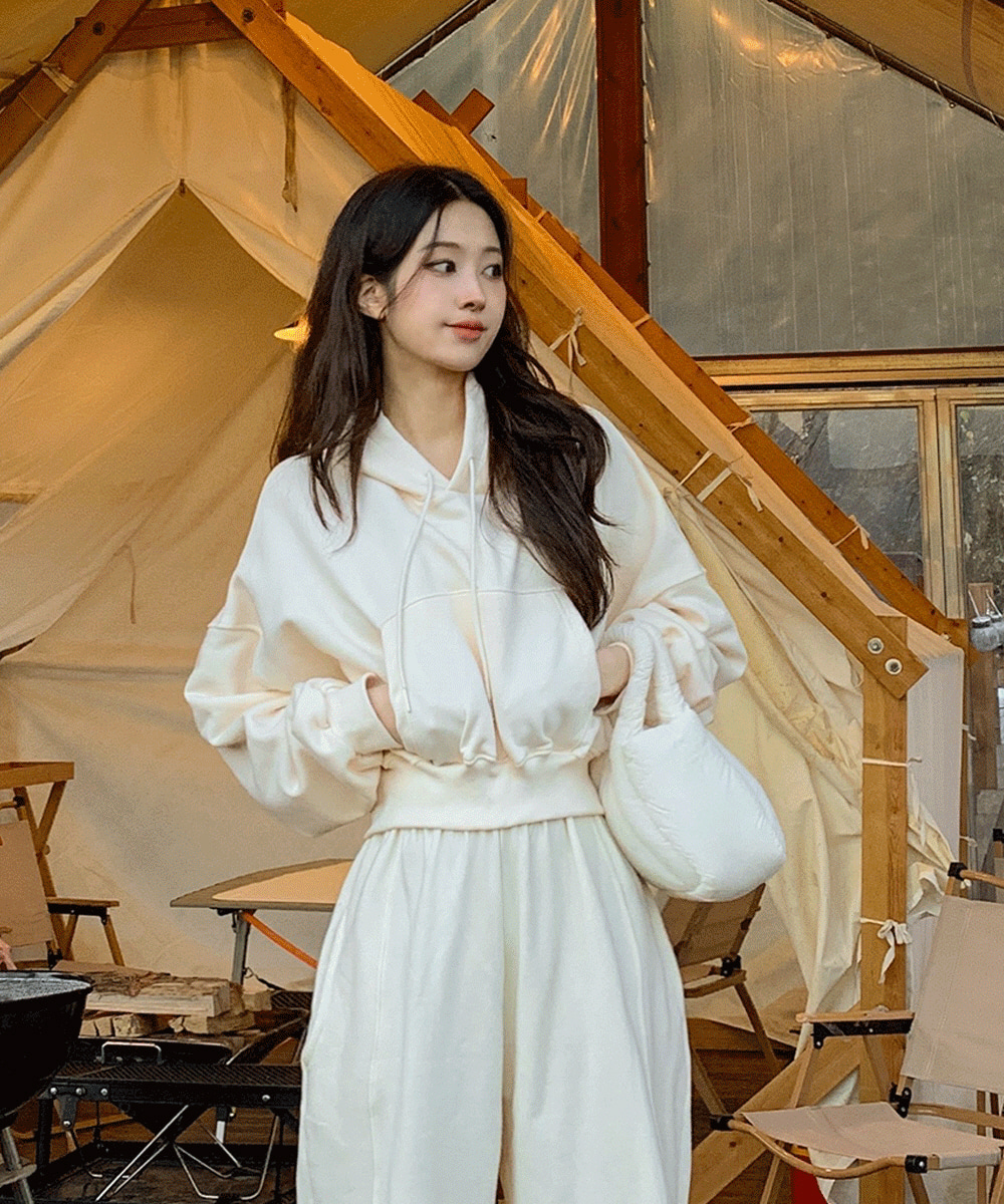 フードドローストリングクロップドカンガルーポケットカラーパーカー