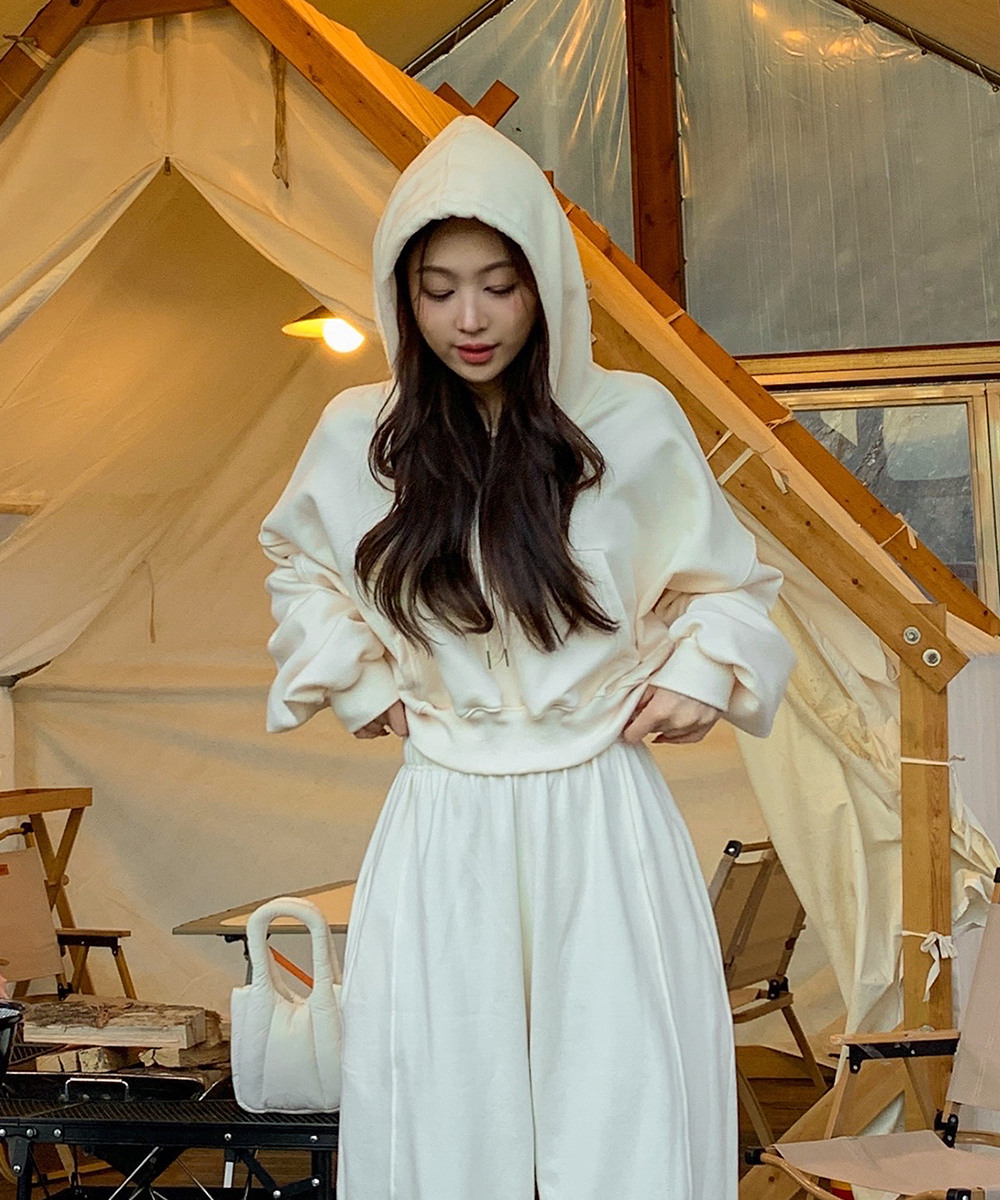 フードドローストリングクロップドカンガルーポケットカラーパーカー