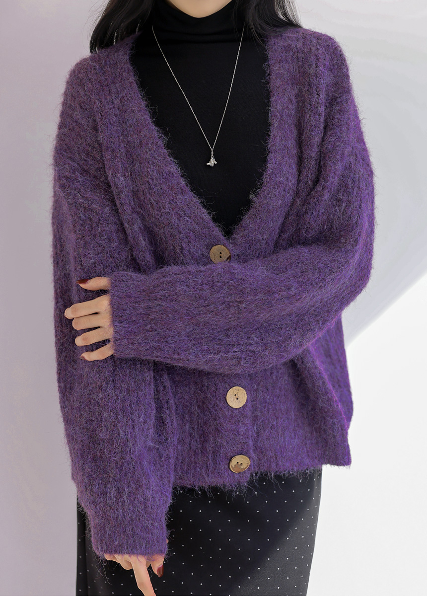 ウール混ボタンVネックルーズカラーカーディガン | レディース