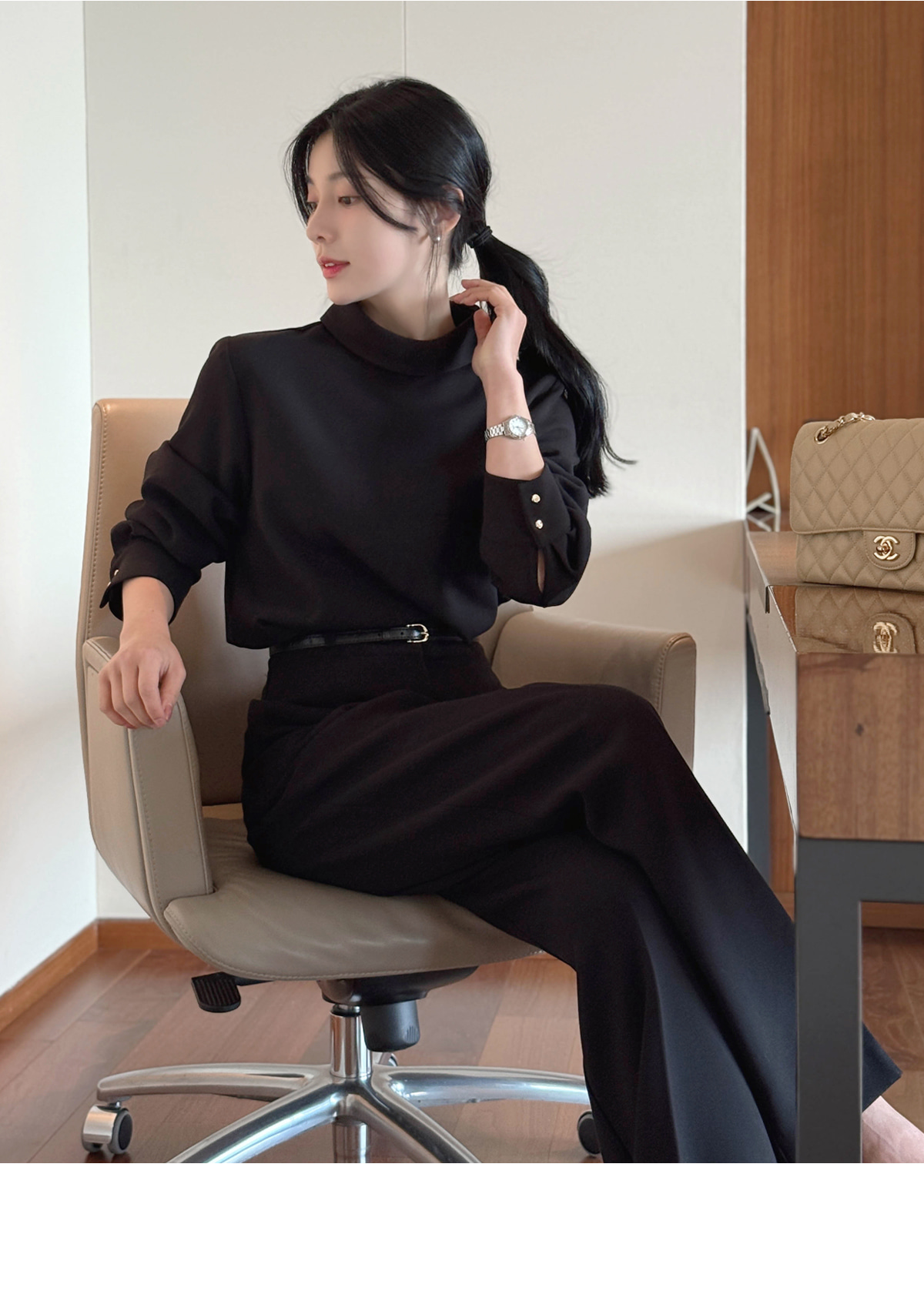 ハーフネックスリム長袖ストレートワイドロールアップセットアップ