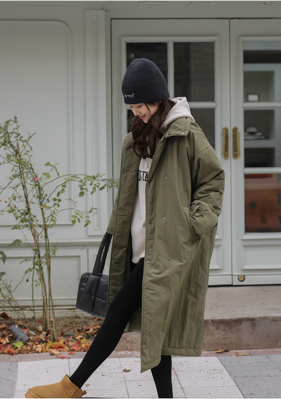 中綿ジップアップハイネックポケットロングルーズ長袖ジャンパーダウン