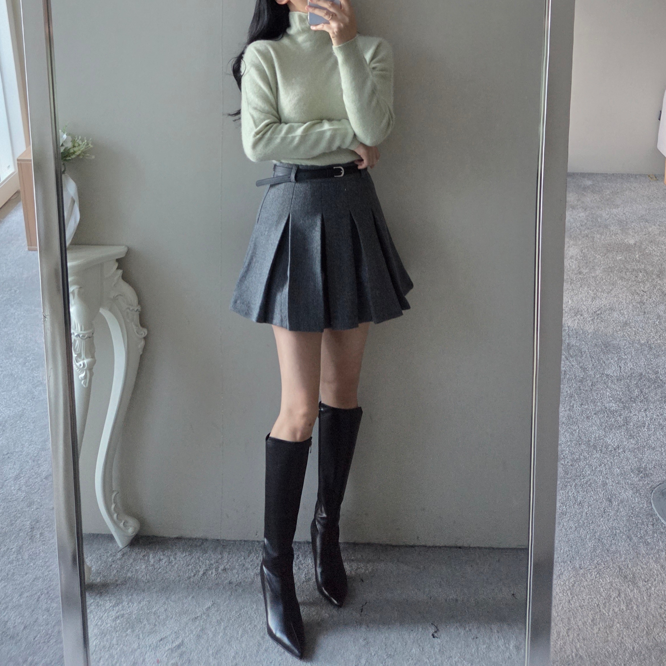 ウール混プリーツミニAラインスカートベルト付 | レディース