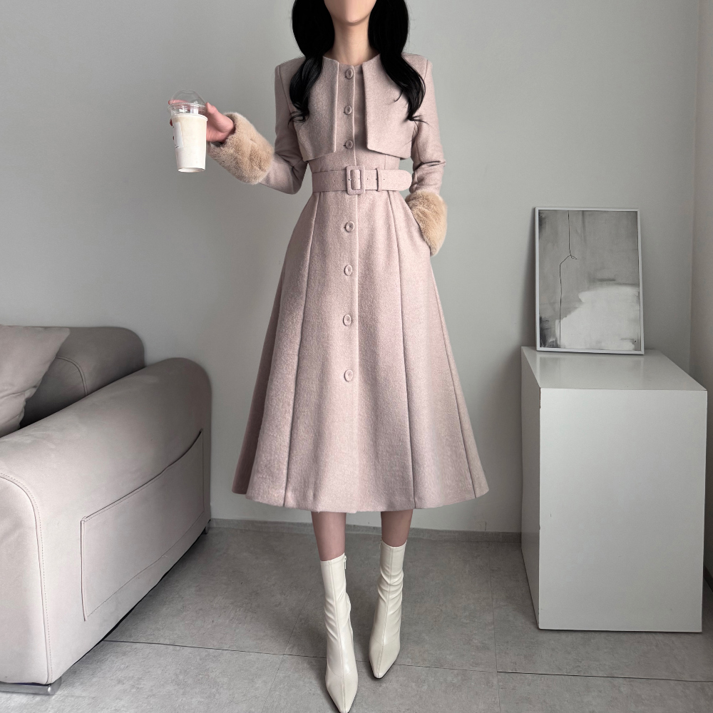 フォックスファーキルティングウール混フレア長袖Aラインロングボタン