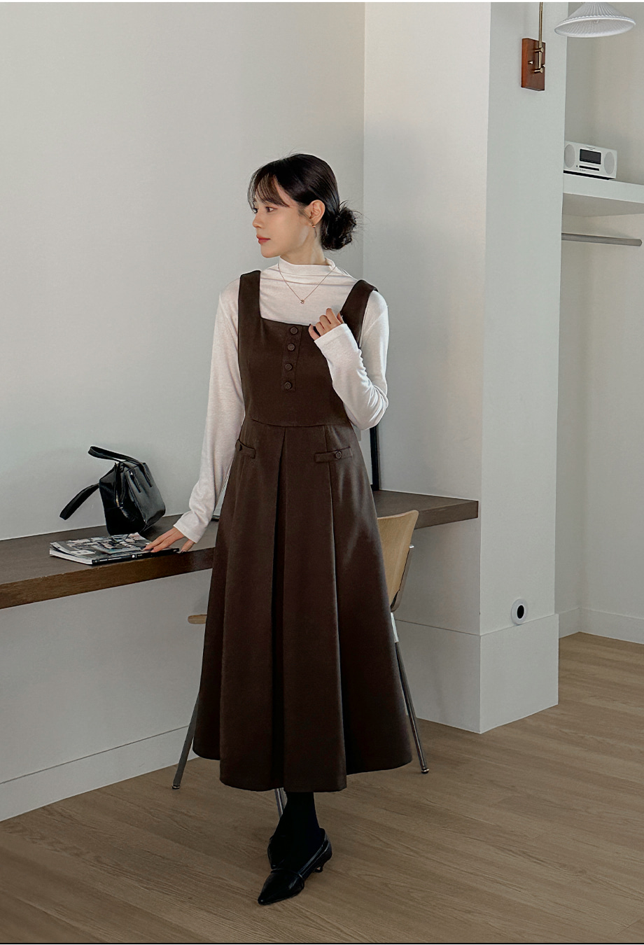 ストレッチロングジップアップフレアスリムボックスプリーツビスチェ