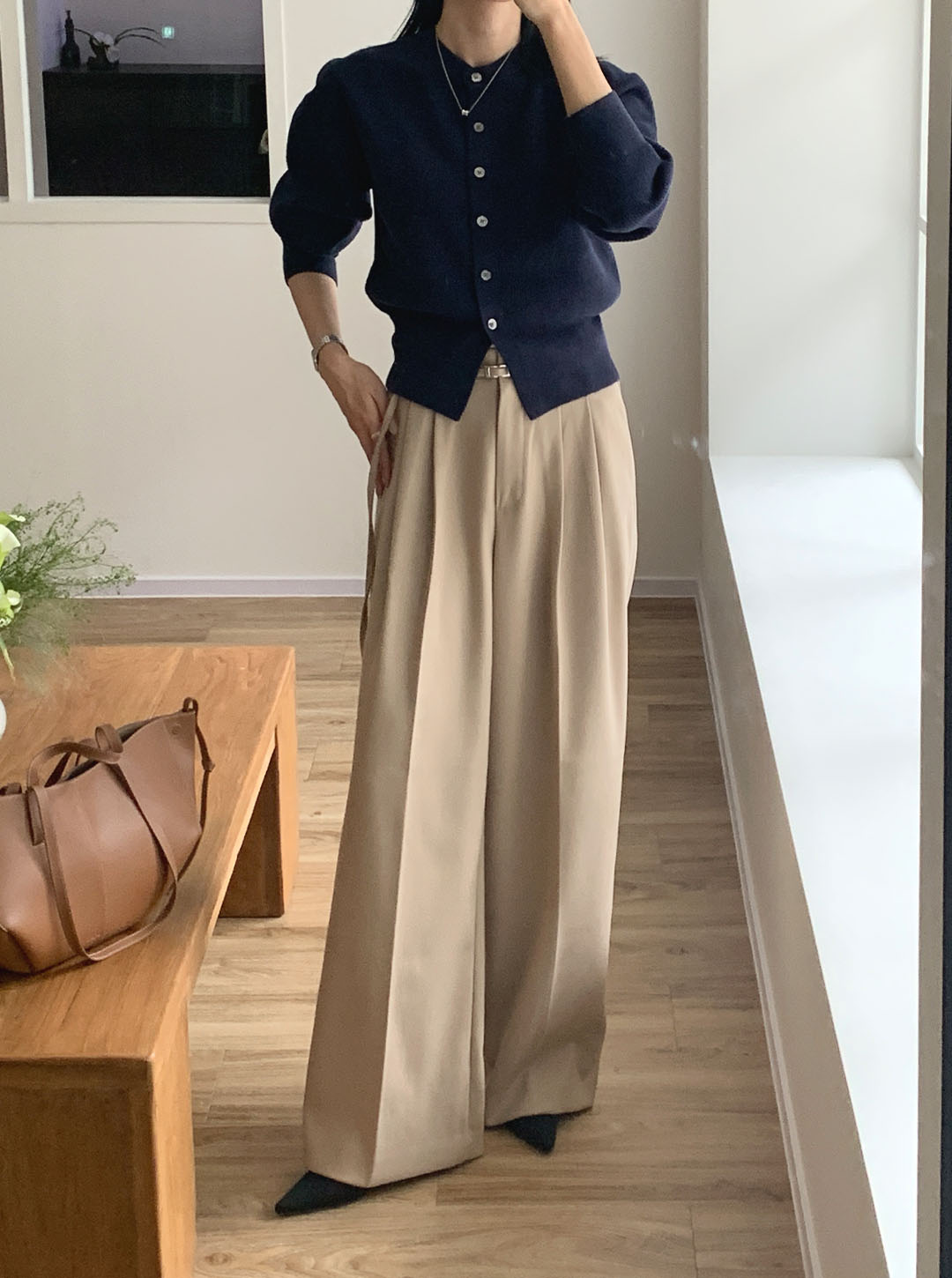 ウール混ツータックワイドカラースラックスベルト付 | レディース