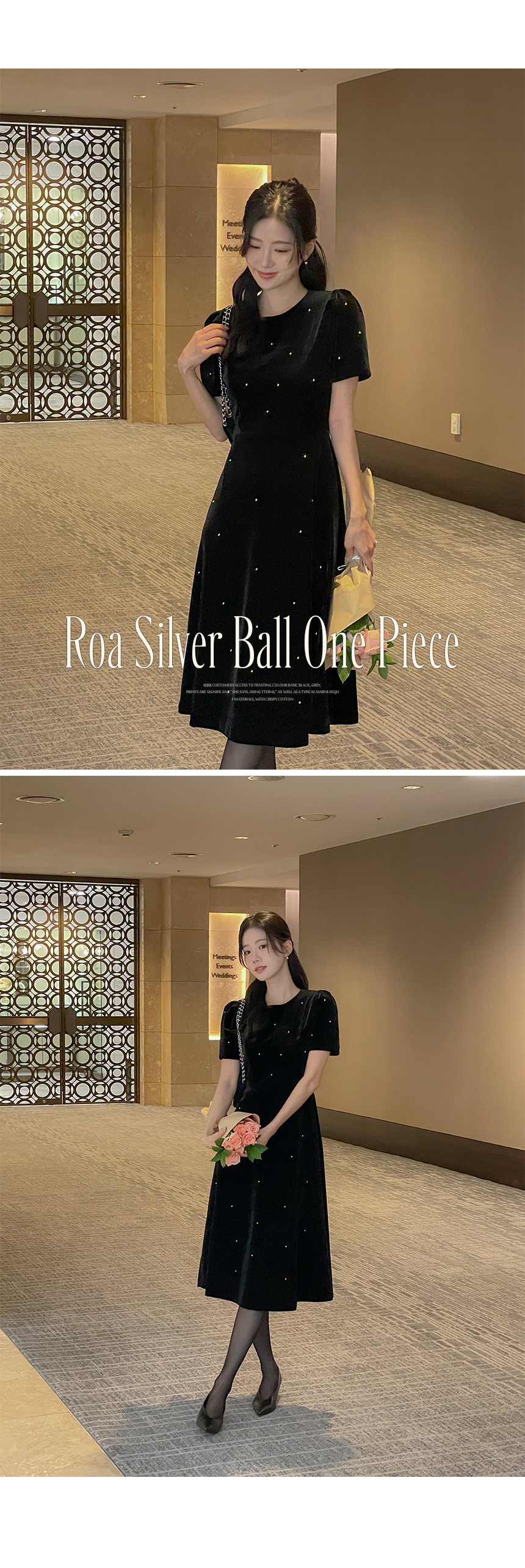ベロアラウンドネックロング半袖Aラインスタッズミニワンピース2TYPE