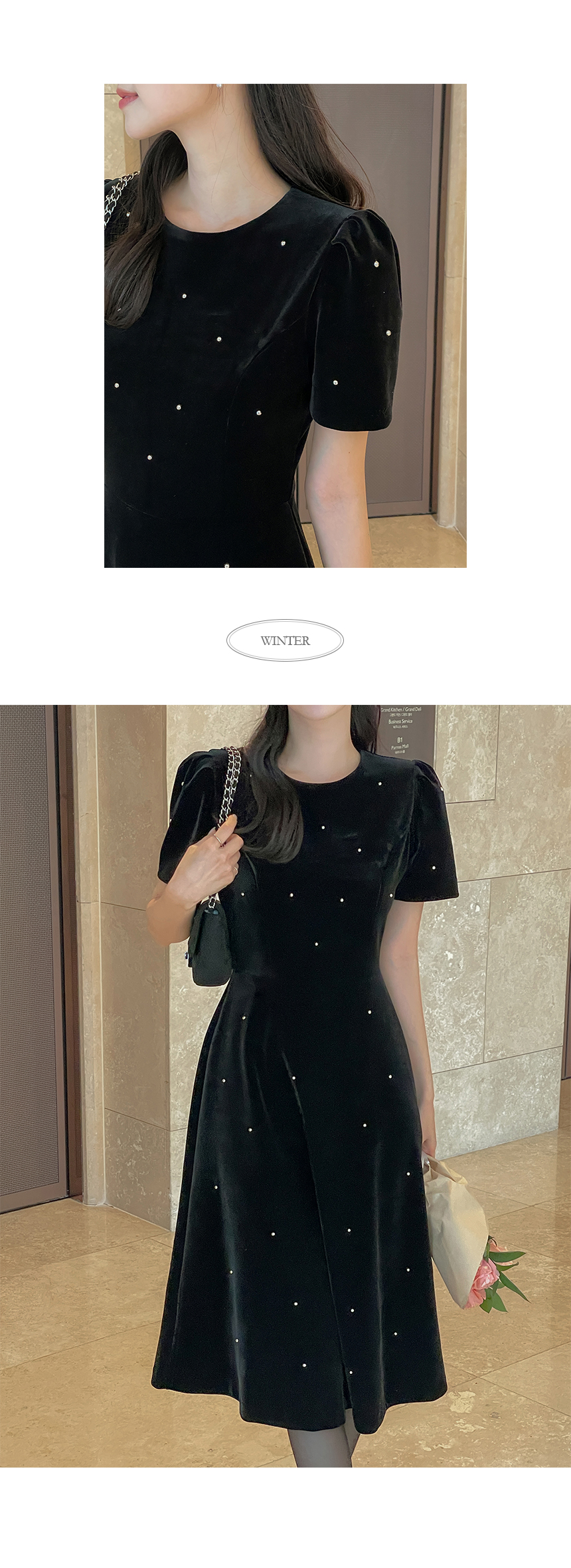 ベロアラウンドネックロング半袖Aラインスタッズミニワンピース2TYPE