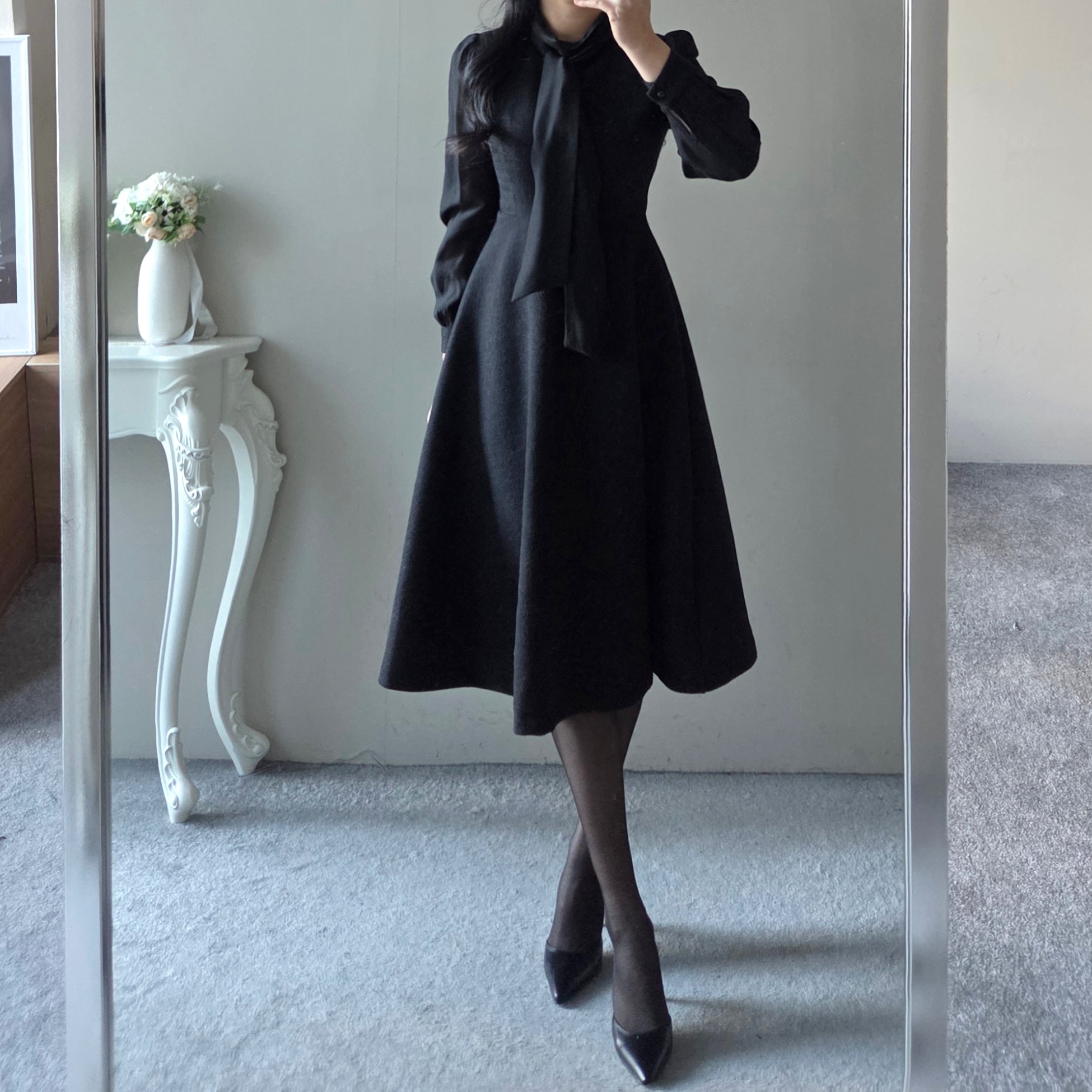 ブラック スカーフ付きロングドレス ツイードロングAラインスカーフネックワンピース | レディース