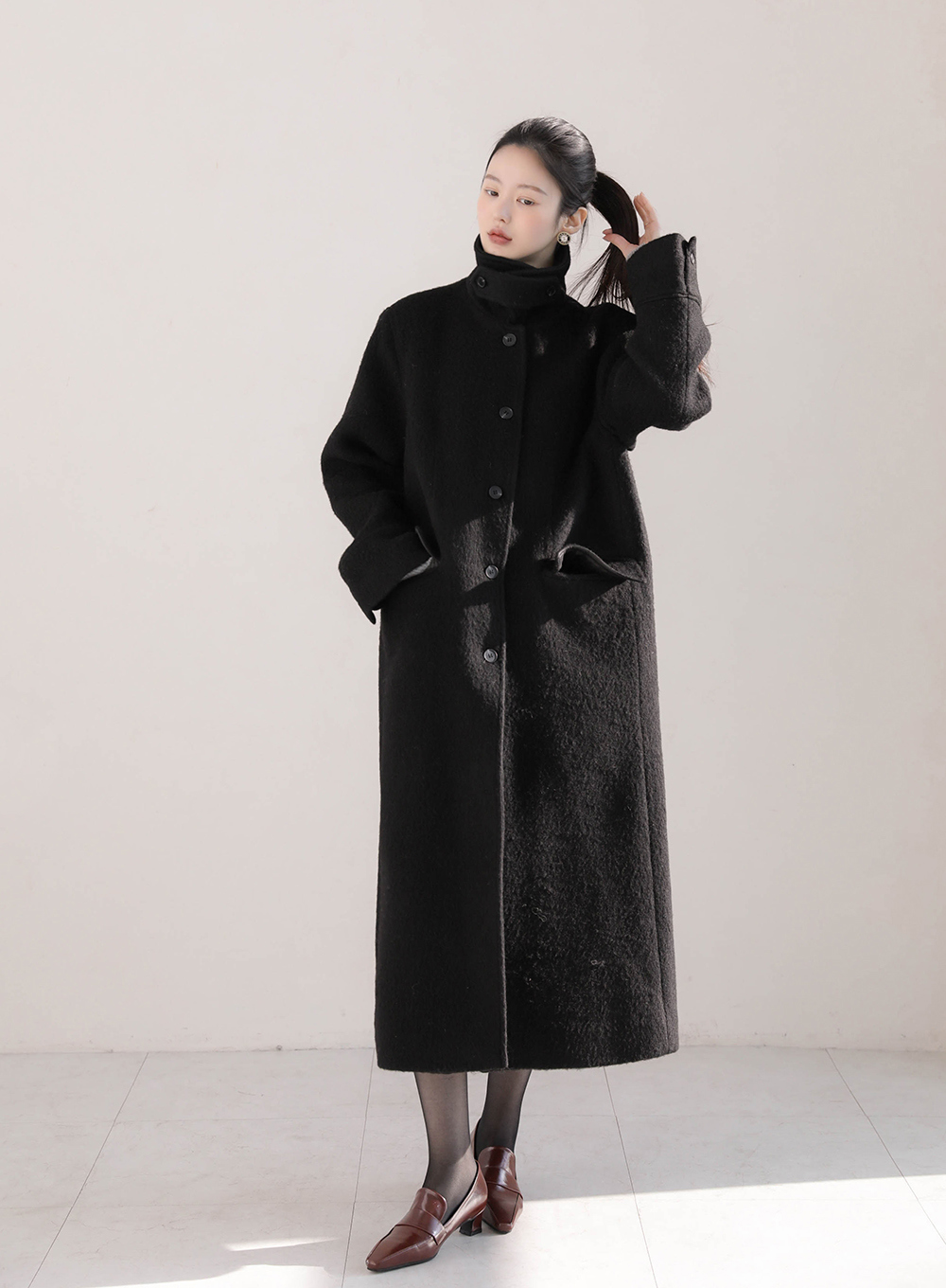 ウールシャギーハイネックオーバーサイズロングフラップポケットコート