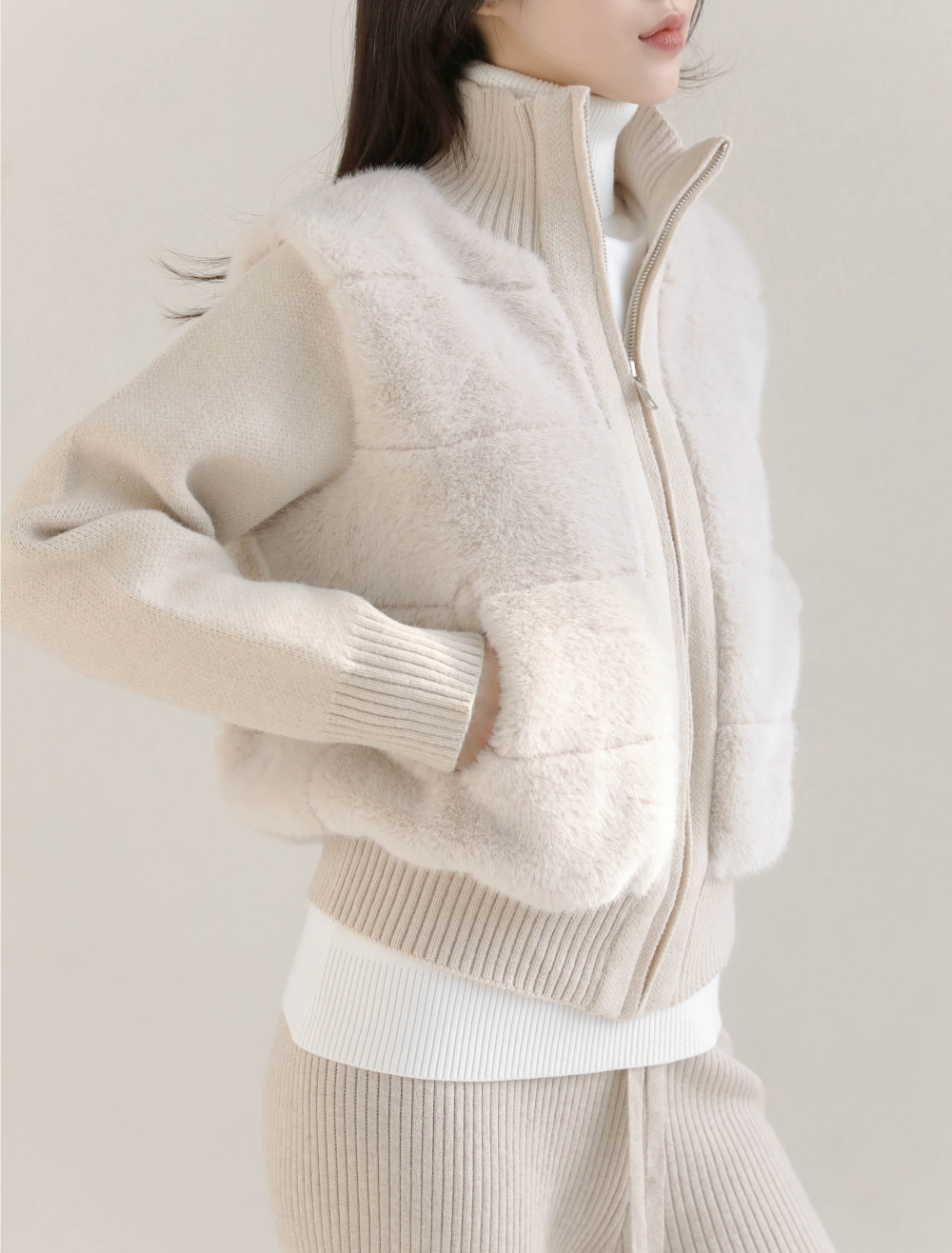 エコファーニットコンビハイネックカーディガン | レディース