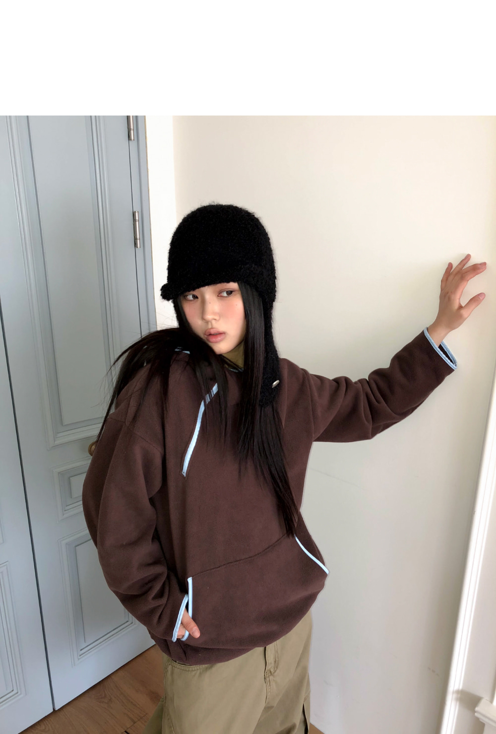 フリースハーフジップダイアゴナルカンガルーポケットフードカラー配色