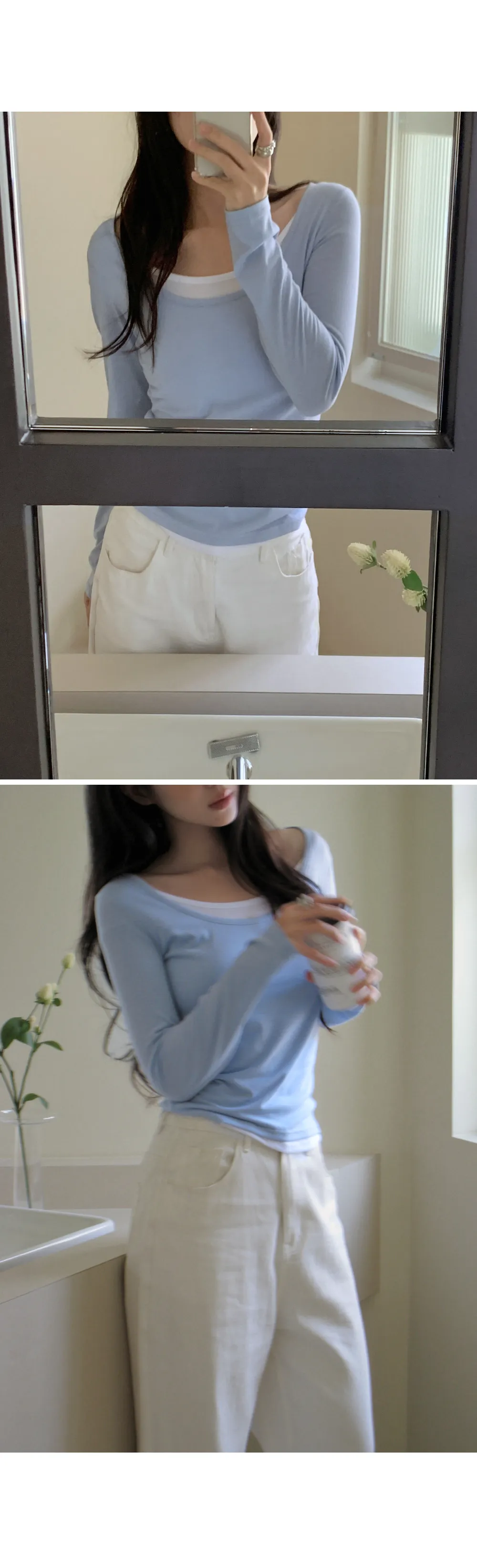 위타임 쫀쫀스판 레이어드 일체형 배색티셔츠