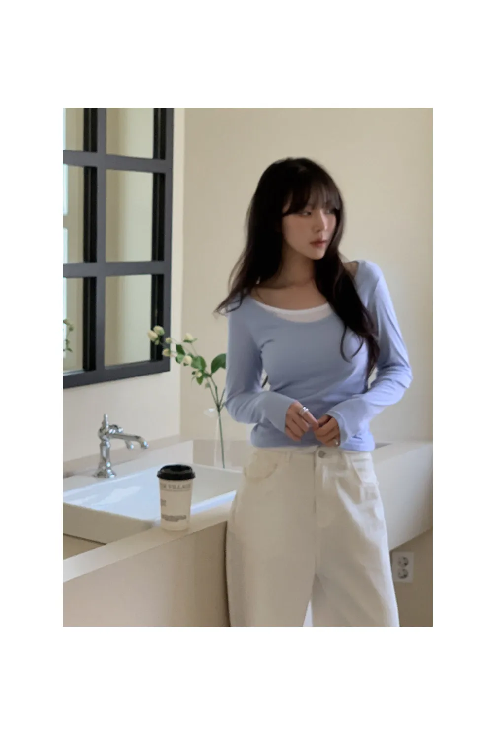 위타임 쫀쫀스판 레이어드 일체형 배색티셔츠