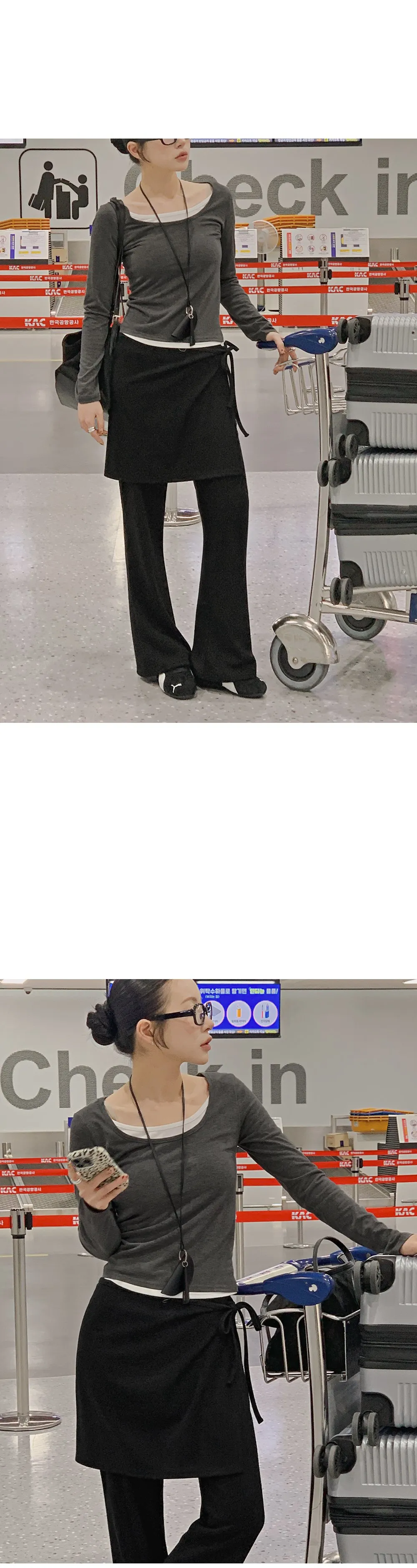 위타임 쫀쫀스판 레이어드 일체형 배색티셔츠