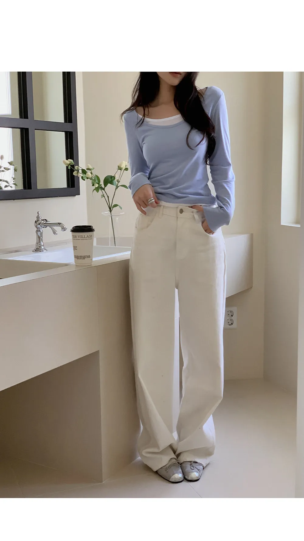 위타임 쫀쫀스판 레이어드 일체형 배색티셔츠