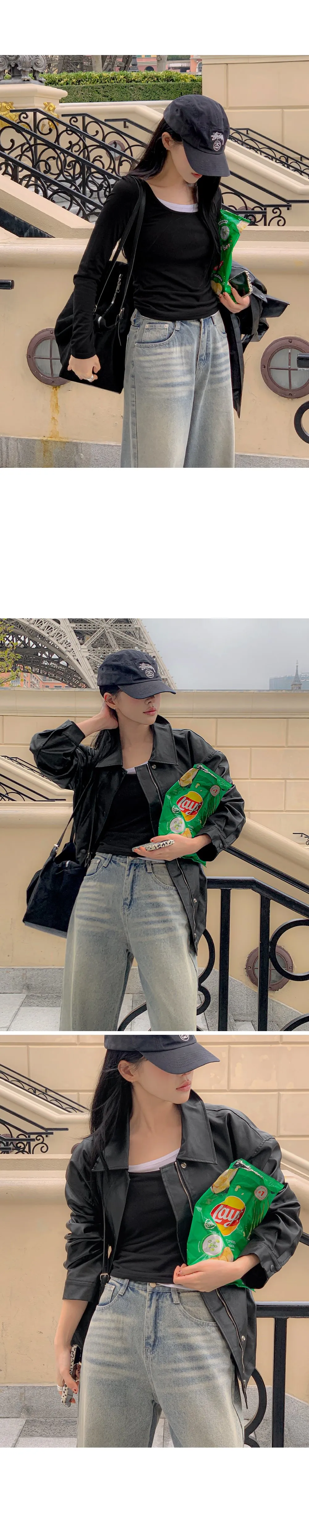 위타임 쫀쫀스판 레이어드 일체형 배색티셔츠