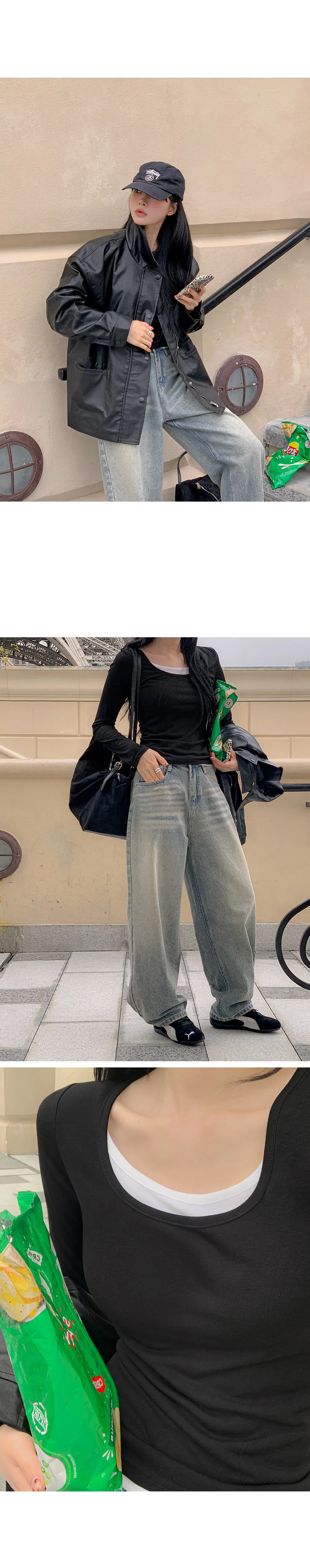 위타임 쫀쫀스판 레이어드 일체형 배색티셔츠