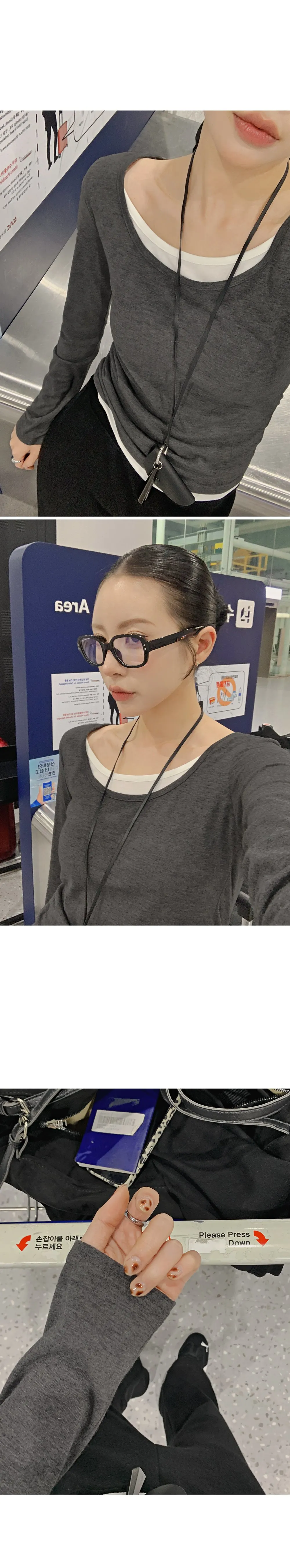 위타임 쫀쫀스판 레이어드 일체형 배색티셔츠