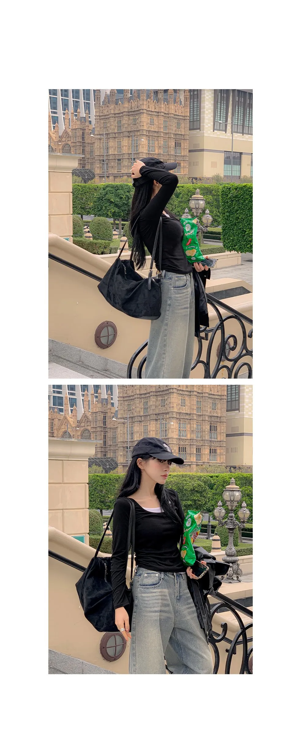 위타임 쫀쫀스판 레이어드 일체형 배색티셔츠