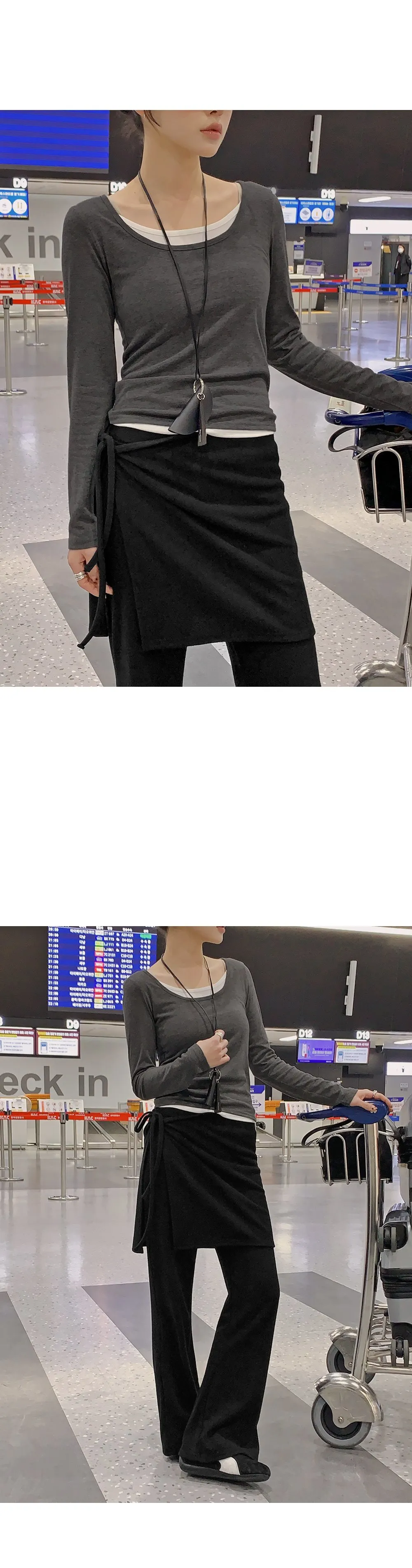 위타임 쫀쫀스판 레이어드 일체형 배색티셔츠