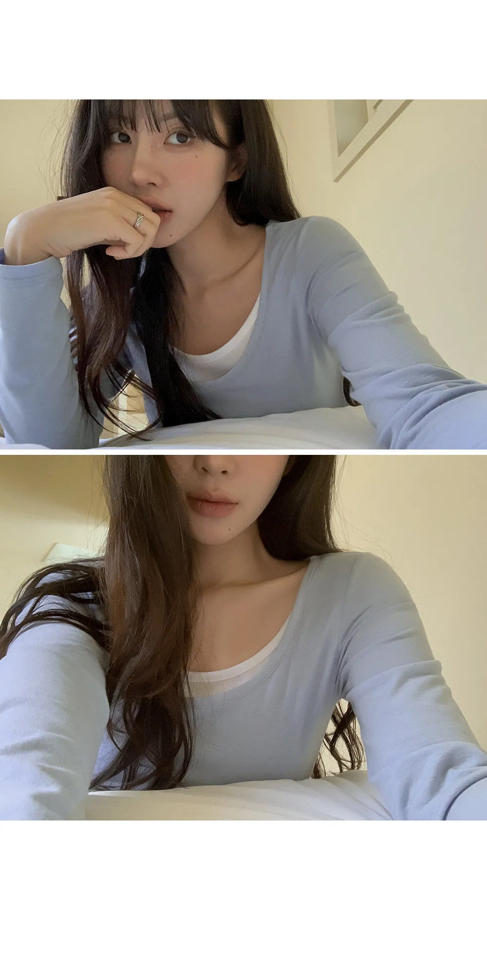 위타임 쫀쫀스판 레이어드 일체형 배색티셔츠