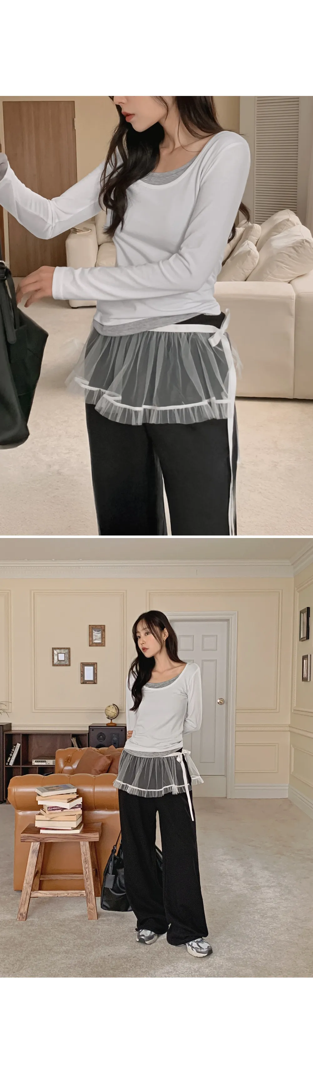 위타임 쫀쫀스판 레이어드 일체형 배색티셔츠