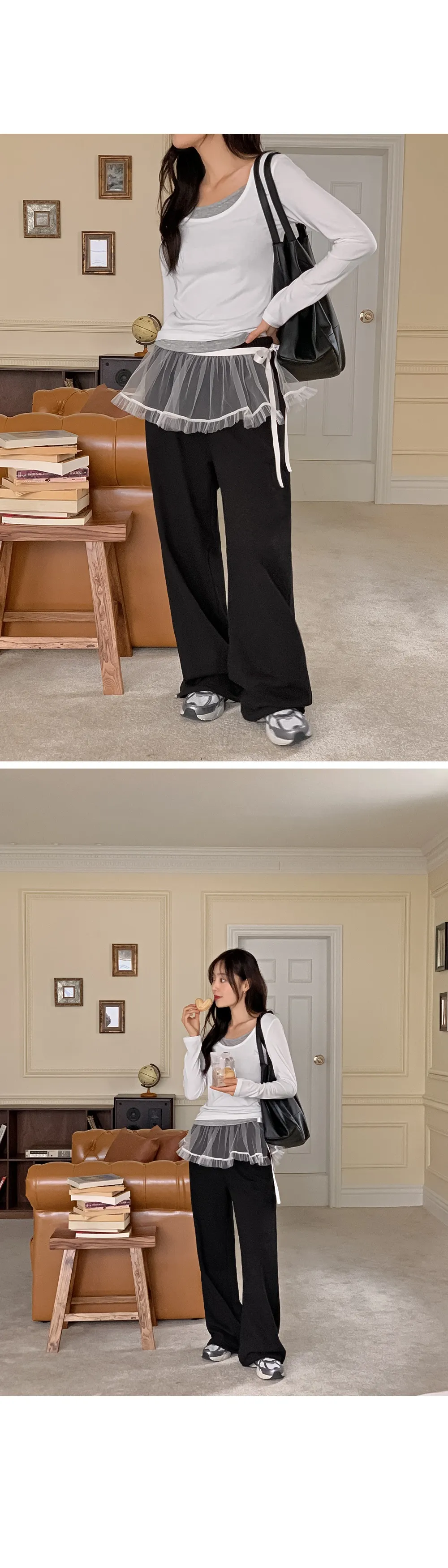 위타임 쫀쫀스판 레이어드 일체형 배색티셔츠