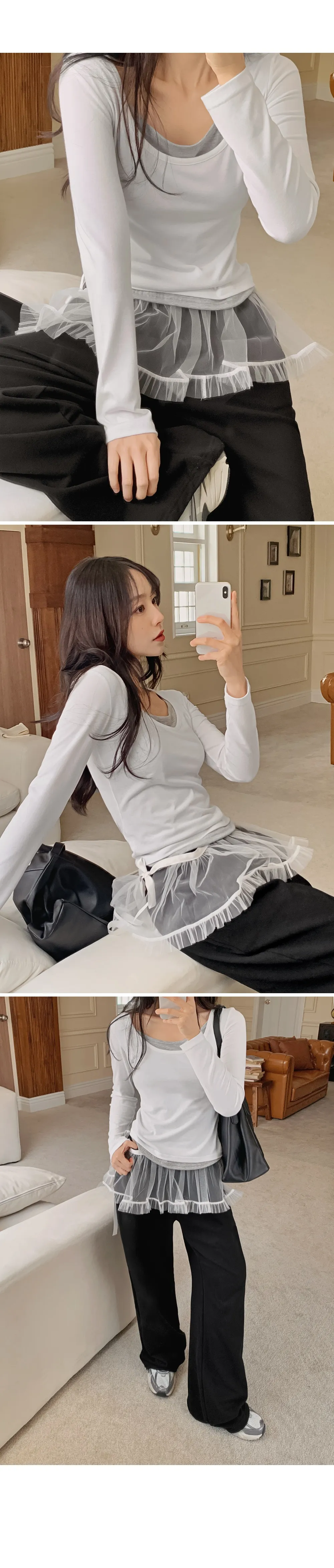 위타임 쫀쫀스판 레이어드 일체형 배색티셔츠