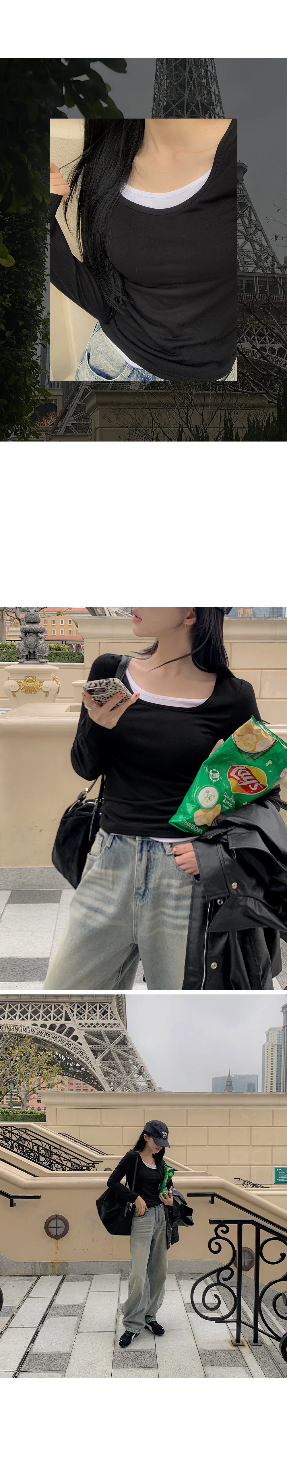 위타임 쫀쫀스판 레이어드 일체형 배색티셔츠