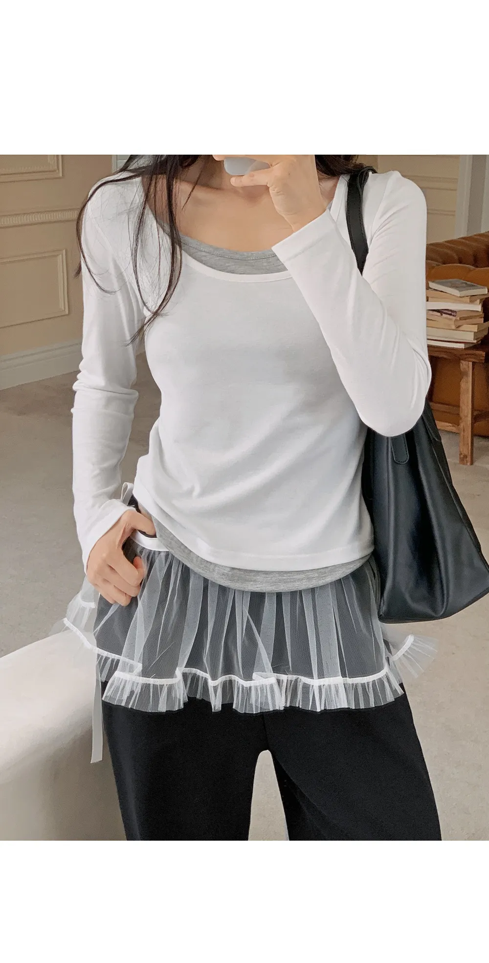 위타임 쫀쫀스판 레이어드 일체형 배색티셔츠